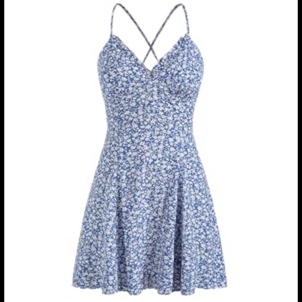 Cider | Blue Floral Open Back Mini Dress | spaghetti straps | size S | NWT